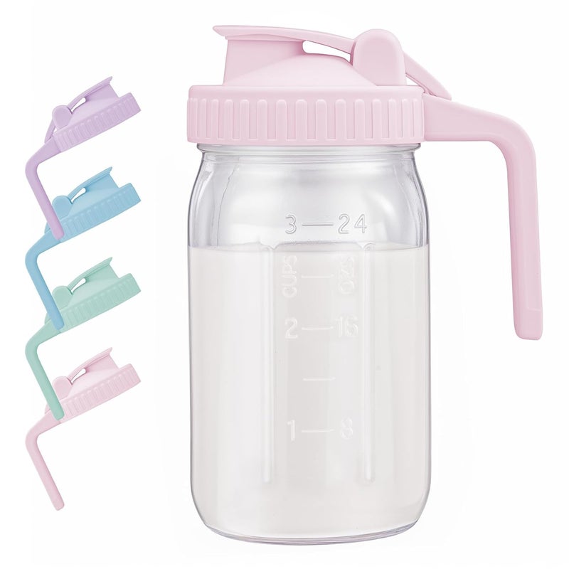 AoeJarry Breast Milk Pitcher with Leak Proof Flip Cap & Pour Spout, 32 oz Wide Mouth Mason Jars for Breast Milk Storage Container, Glass Picther with Lid for Cold Brew Coffee, Sun Tea, Juices, Pink - Image 1
